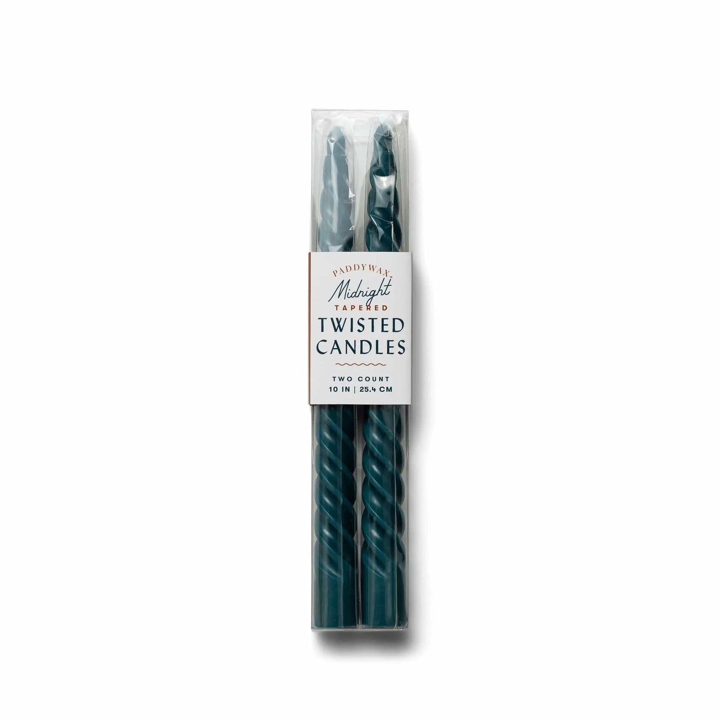 A pack of two Midnight Blue Twisted Taper Candles with cotton wicks in clear plastic packaging.