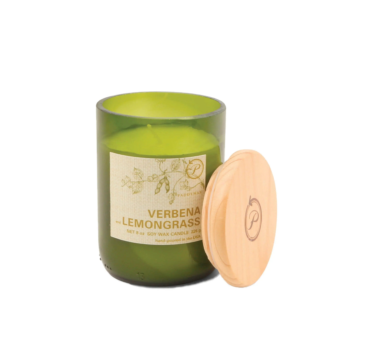 Candle in an 8 oz green glass vessel with a beige label and a wooden lid