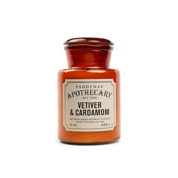 8 oz brown apothecary bottle glass vessel with a vintage-style label; white wax; part of the apothecary collection