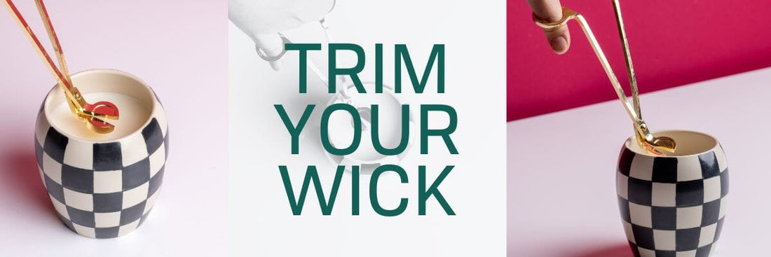 Trim Your Wick photo with 3 wicks being trimmed from different angles on the Black Checkmate candle
