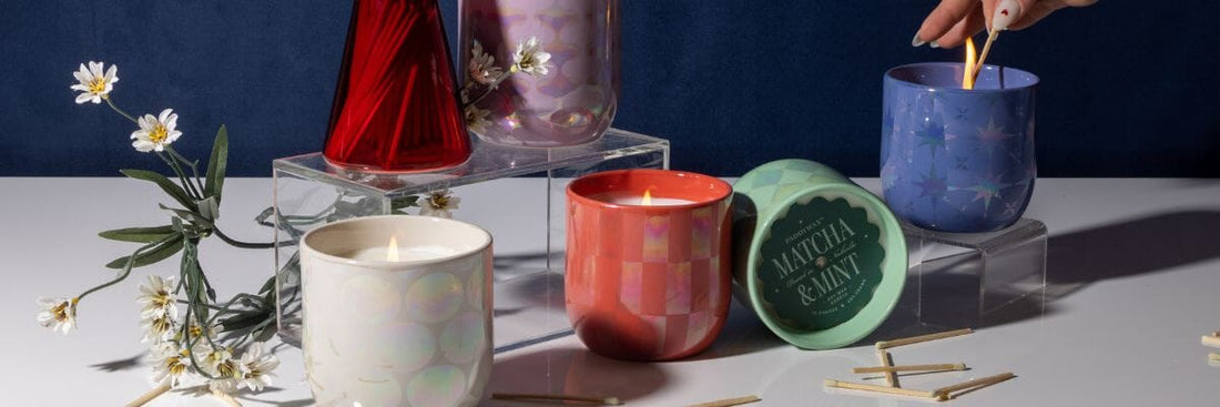 Lustre Candle Collection with all colors with the blue candle being lit in the photo