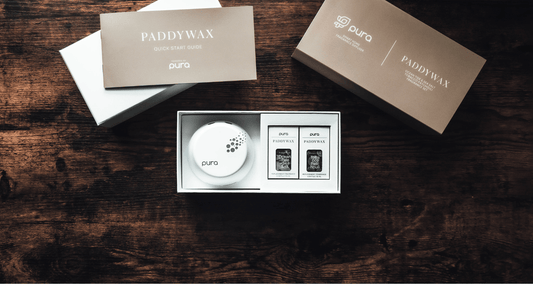 Paddywax and Pura Diffuser in packaging with diffuser and pods