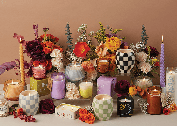 Paddywax candles arranged with floral decor