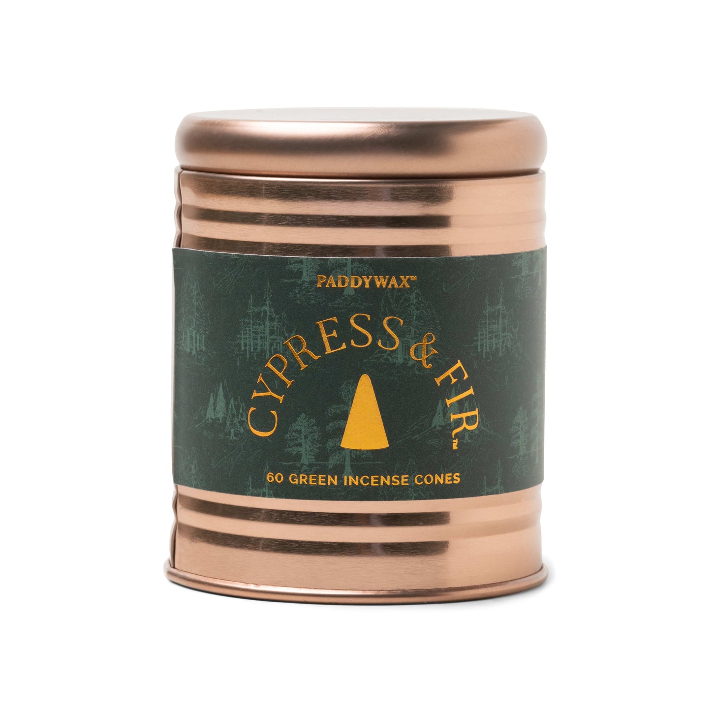 The Cypress & Fir Incense Cones come in a rose gold tin featuring a green forest-themed label design. Inside, you'll find 60 green incense cones by Paddywax, perfect for anyone who enjoys the soothing scent and tranquil atmosphere created by incense.