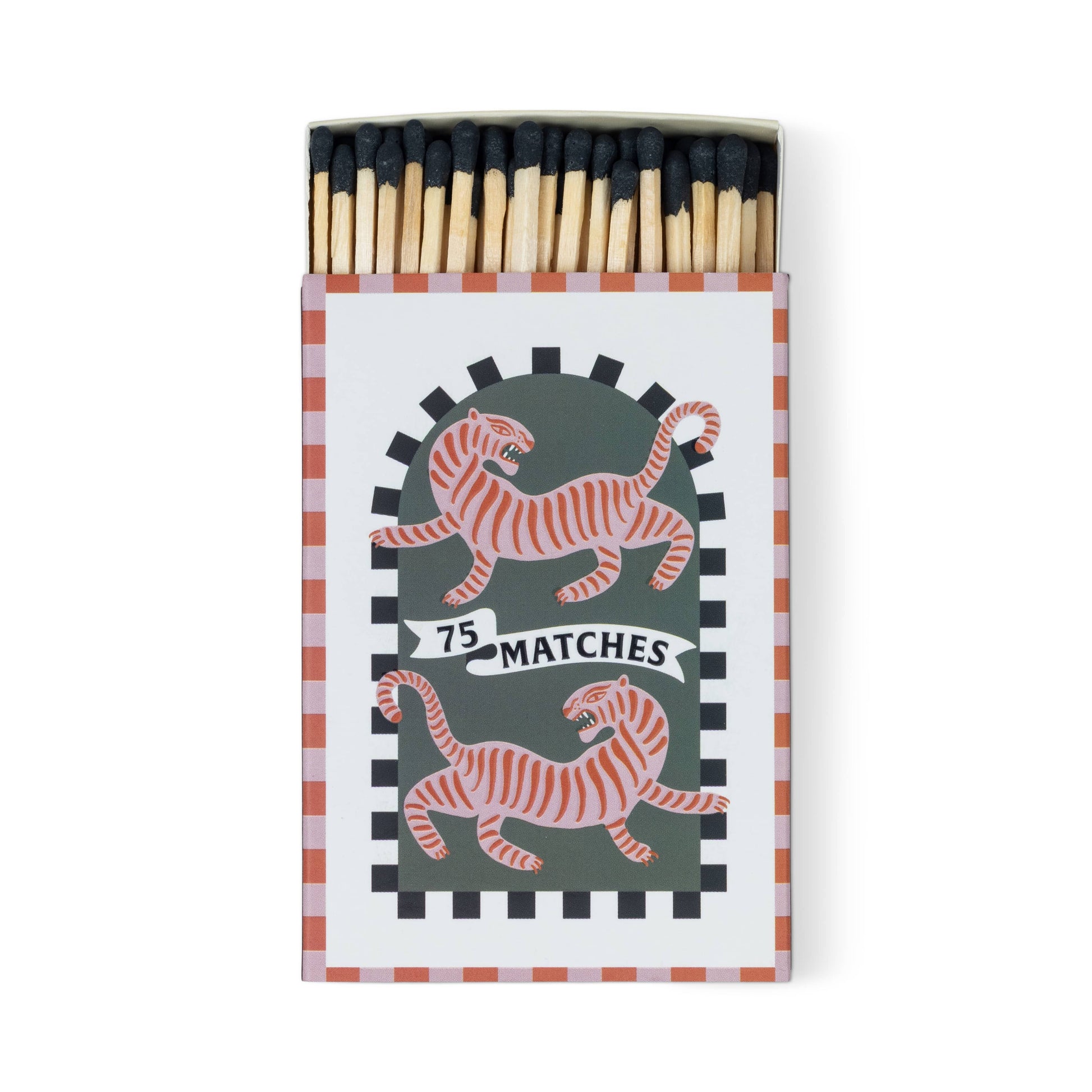 The A Dopo "Tiger" - 75ct Boxed Matches come in an open box with black-tipped matches, two orange-striped tigers facing opposite directions, and a 75 MATCHES banner on a dark green checkered background—ideal for lighting your favorite candle.