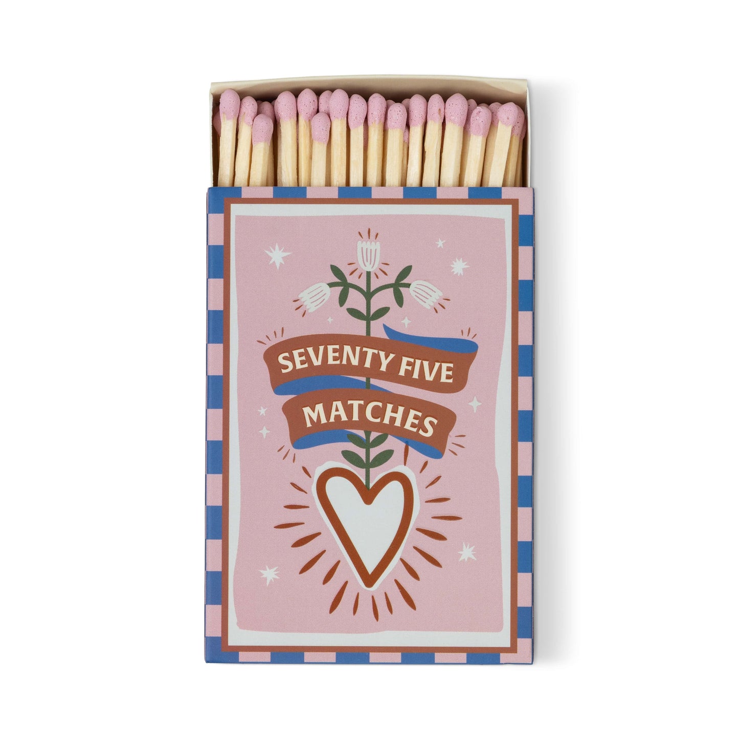 The A Dopo "Hearts" 75ct Boxed Matches feature a pink, blue, and white box adorned with a heart, flowers, and ribbon. Pink-tipped safety matches add charm to your candle setup or as a Mediterranean-inspired keepsake.