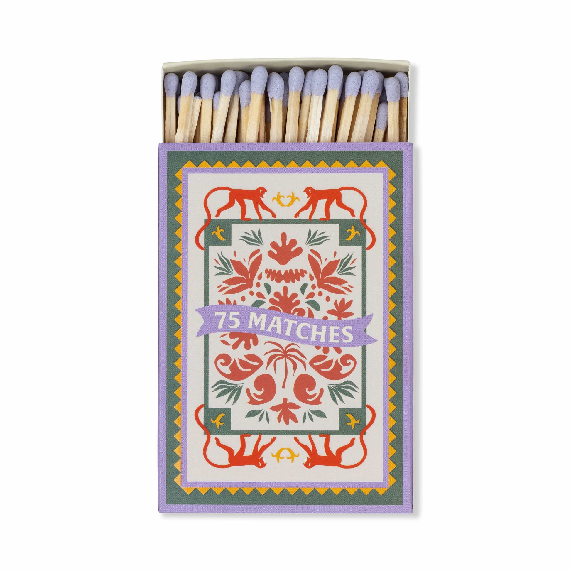 A Dopo "Jungle" - 75ct Boxed Matches: safety matches with pale purple tips and a Mediterranean-inspired label featuring red animals, floral patterns, and a central purple banner marked “75 MATCHES.”.