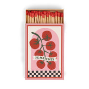 A Dopo "Tomato Vine" - 75ct Boxed Matches: 75 safety matches with red tips in a box featuring a tomato vine illustration on a pink background and checkerboard border, inspired by the charm of Mediterranean travel.