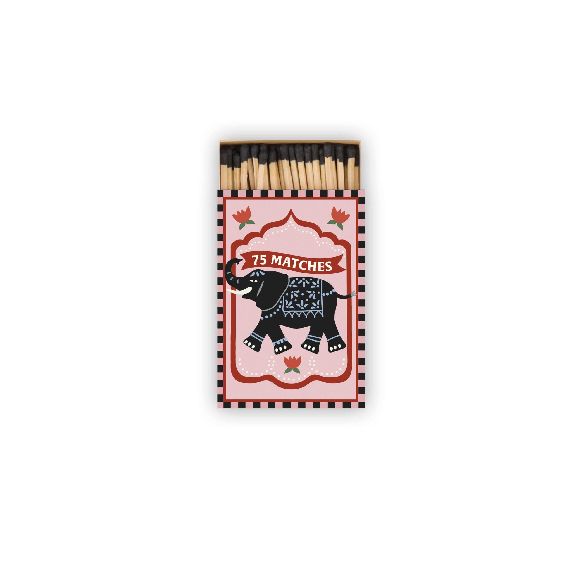 The A Dopo "Elephant" - 75ct Boxed Matches features a black elephant illustration and 75 matches inside—perfect for lighting your A Dopo candle or bringing Mediterranean travel memories to life.