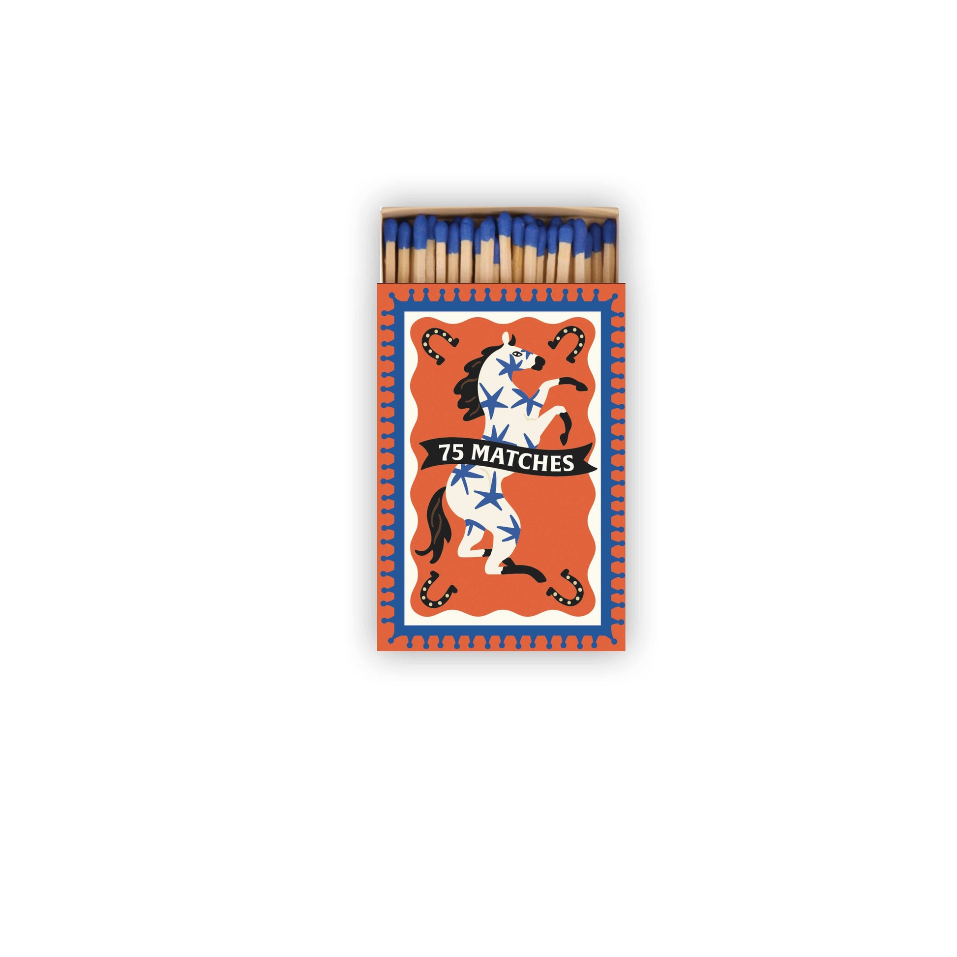The A Dopo "Horse" - 75ct Boxed Matches feature blue-tipped heads in an open box with an orange cover, a white horse illustration, and "75 MATCHES" text—ideal for lighting your favorite A Dopo candle.