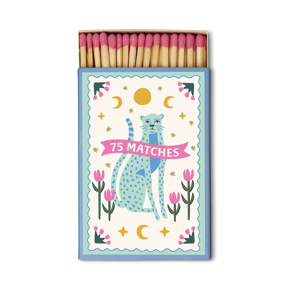 A Dopo “Blue Cheetah” - 75ct Boxed Matches are perfect for candle lovers, showcasing a blue illustrated cat surrounded by pink tulips and gold stars. The box is labeled “75 MATCHES” and contains wooden safety matches with pink tips.