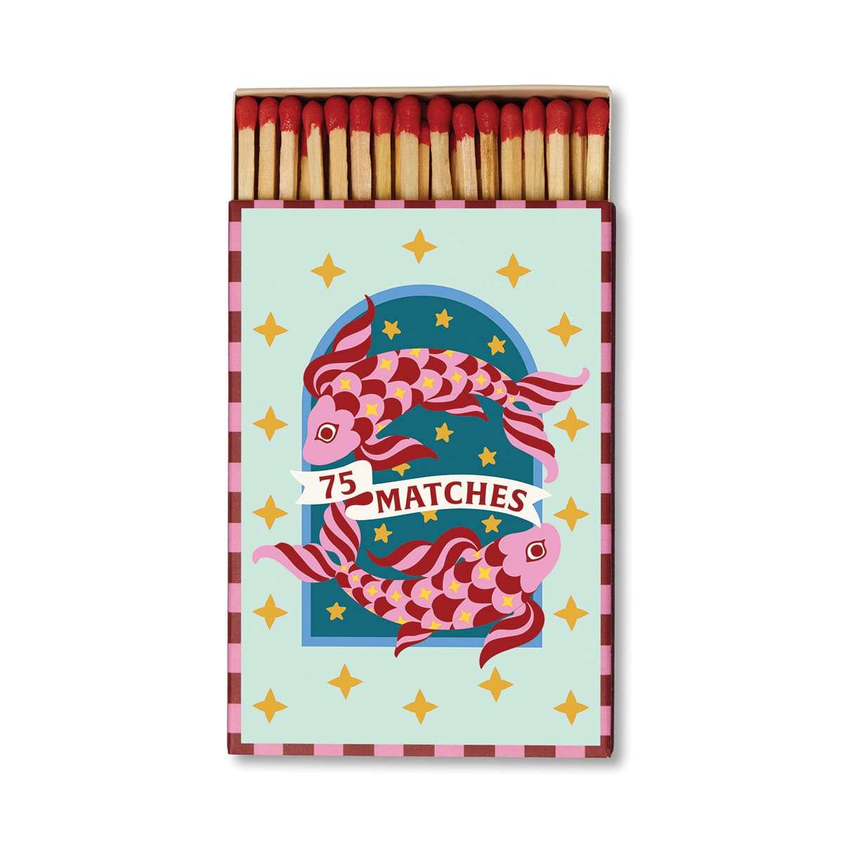 A Dopo candle lovers will appreciate the A Dopo “Koi” - 75ct Boxed Matches, featuring a colorful design of two koi fish, gold stars, and the words “75 Matches” on the front. The open box displays safety matches with red tips inside.