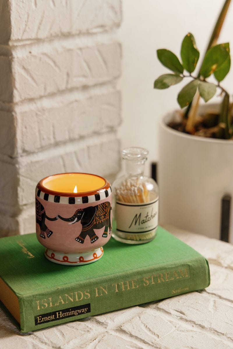 A lit Tobacco & Vanilla - A Dopo 8 oz Candle rests on a green copy of "Islands in the Stream" by Ernest Hemingway, beside a glass match jar and a potted plant.
