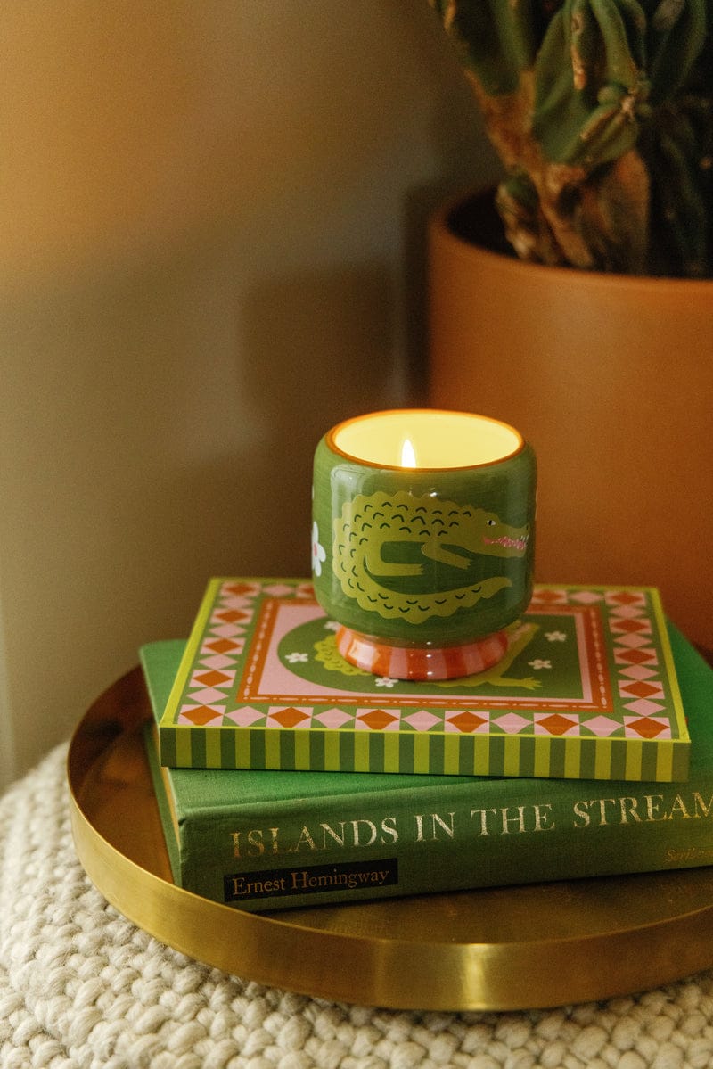 The Prickly Pear - A Dopo 8 oz Candle, hand-painted and displayed in a green alligator holder, rests atop two stacked books—one being Islands in the Stream by Ernest Hemingway—on a round gold tray.