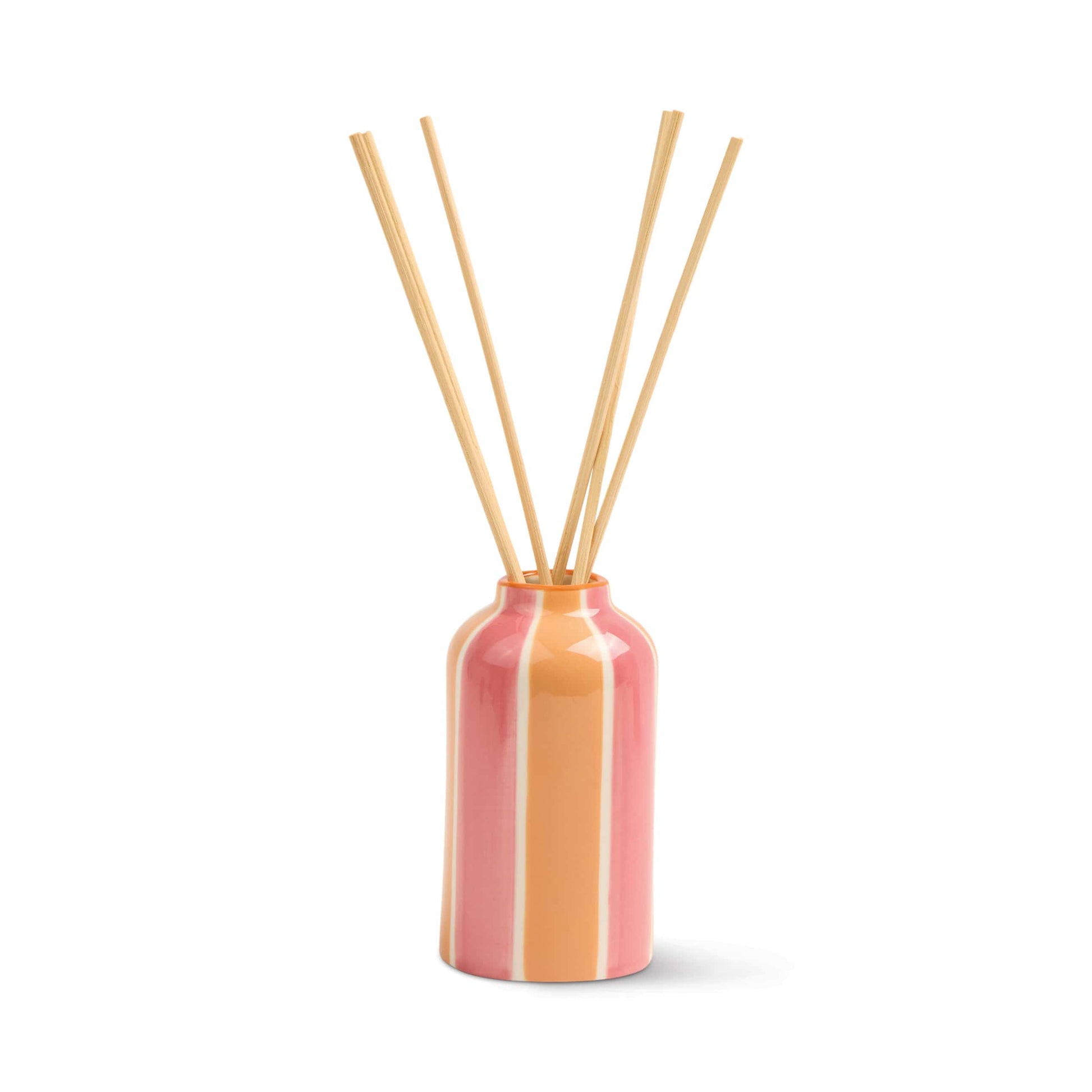 The Orange Blossom - A Dopo 4 oz Diffuser features a pink and orange striped ceramic bottle with reed sticks, displayed against a white background.