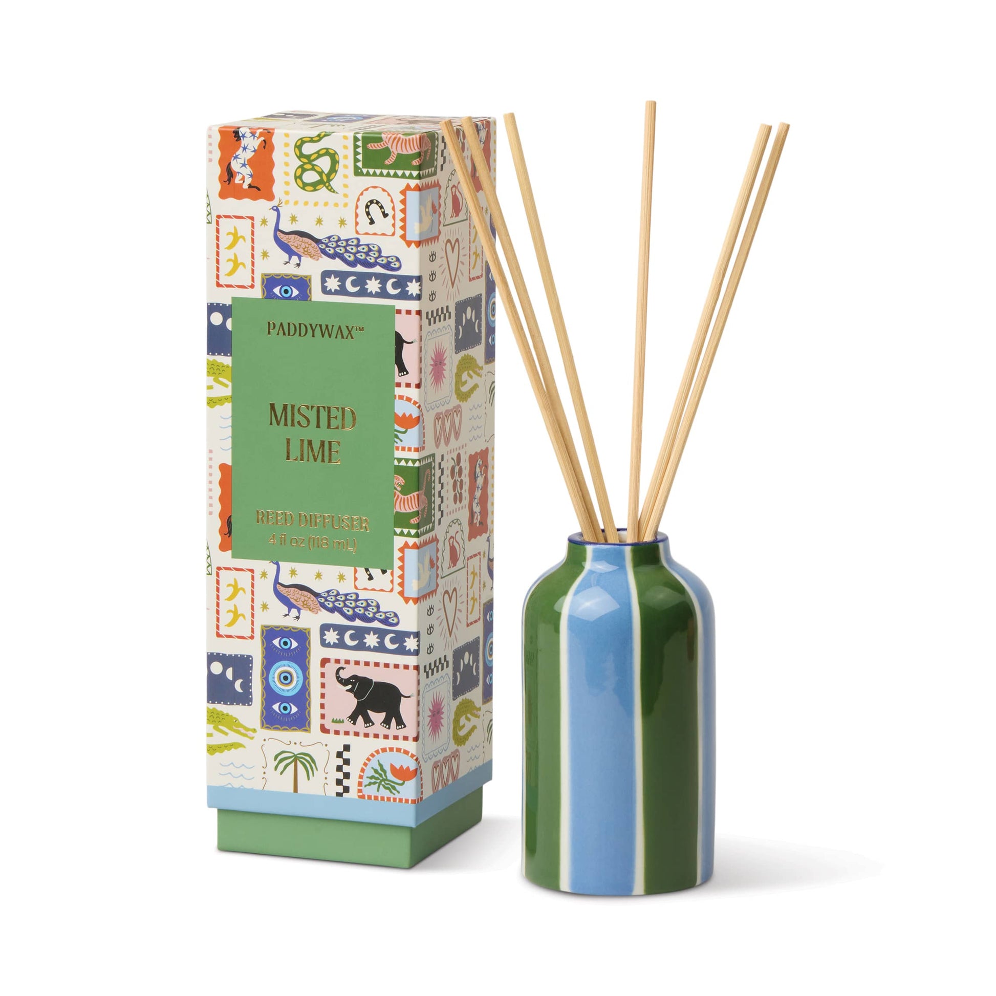 A colorful box labeled "Misted Lime - A Dopo 4 oz Diffuser" stands beside a blue and green striped ceramic bottle filled with reed sticks, set against a white background.