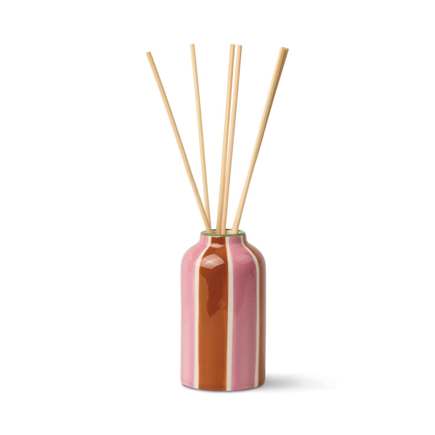 The Black Cedar & Fig - A Dopo 4 oz Diffuser features a ceramic bottle with vertical pink and brown stripes, several thin wooden reeds, and is displayed against a white background.