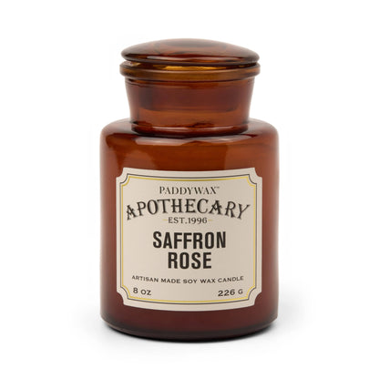 Apothecary 8 oz Candle - Saffron + Rose on white background.