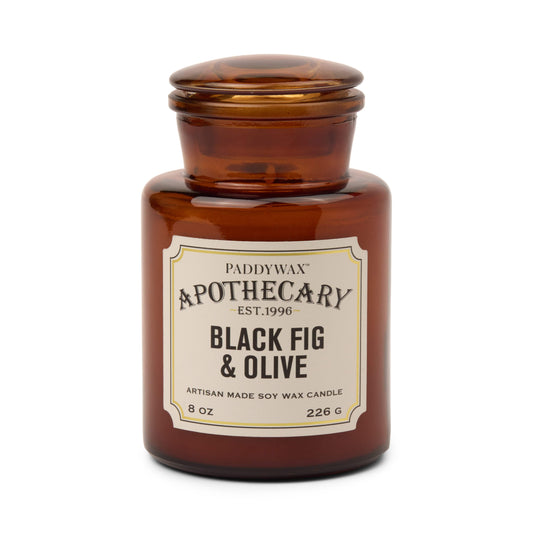 Apothecary 8 oz Candle - Black Fig + Olive on white background.