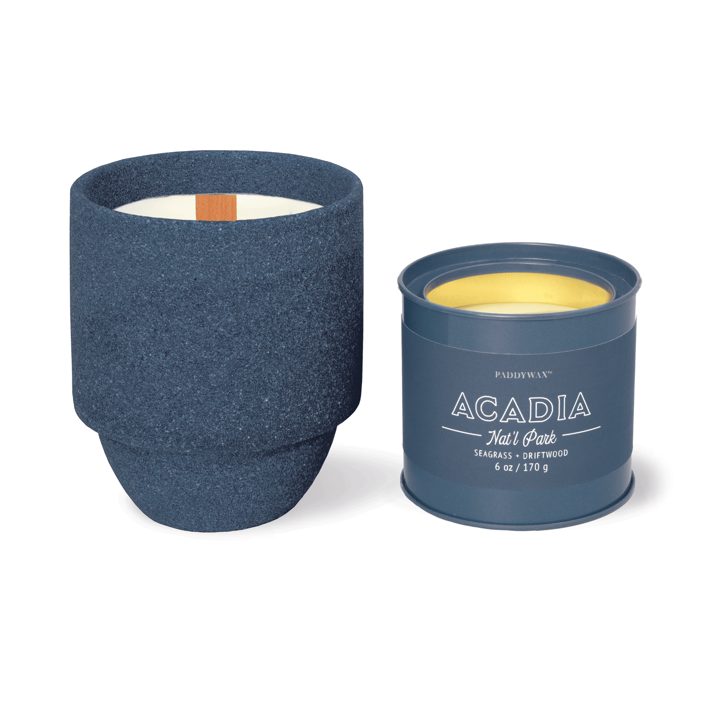Parks 6oz Candle - Seagrass + Driftwood candle on a white background next to another Parks Collection candle.