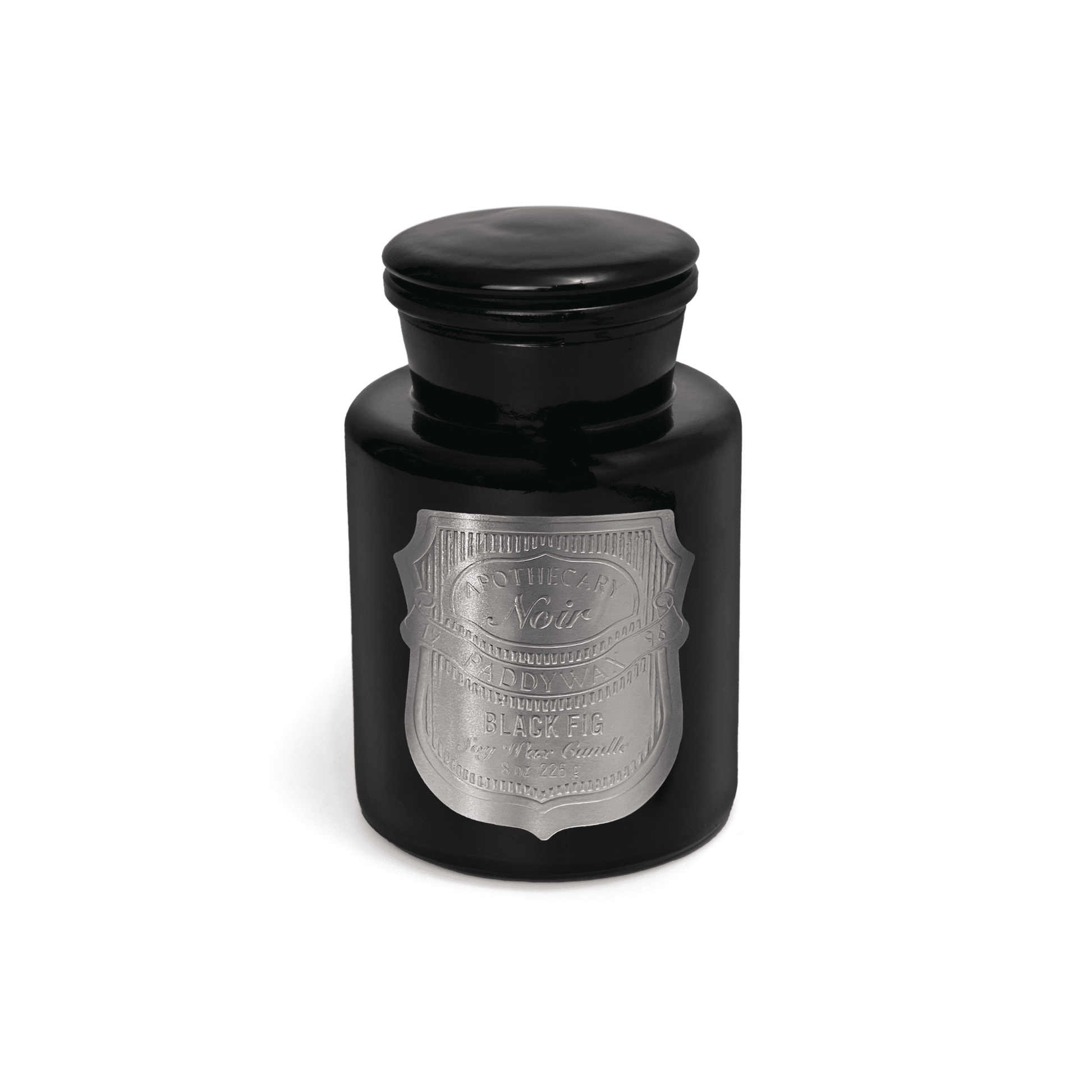 Apothecary Noir - Black Fig 8oz candle on a white background.
