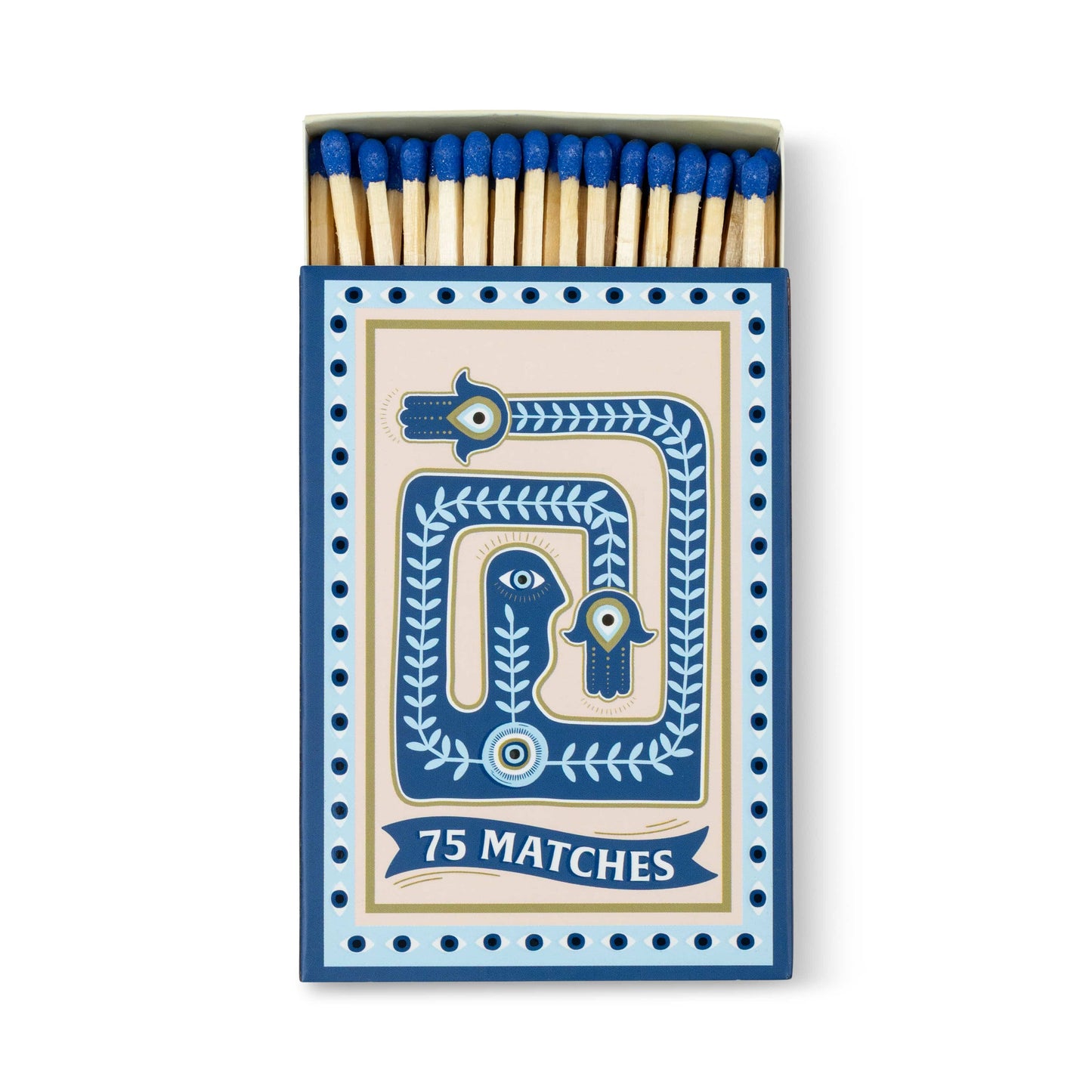 A Dopo "Eye" - 75ct Boxed Matches feature blue-tipped matches in a blue and beige box decorated with hands, an eye, curved lines, and dots. Perfect for lighting your A Dopo candle, the matches are neatly arranged inside.