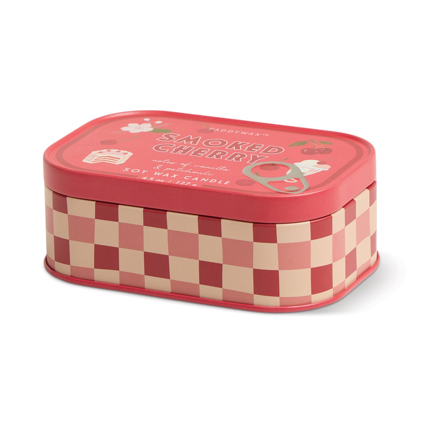 A rectangular tin with a red and cream checkerboard pattern and a red lid depicting cherries, cake, and teacup illustrations. The lid reads “Smoked Cherry - Bistro Tin 4.5 oz Candle.”.
