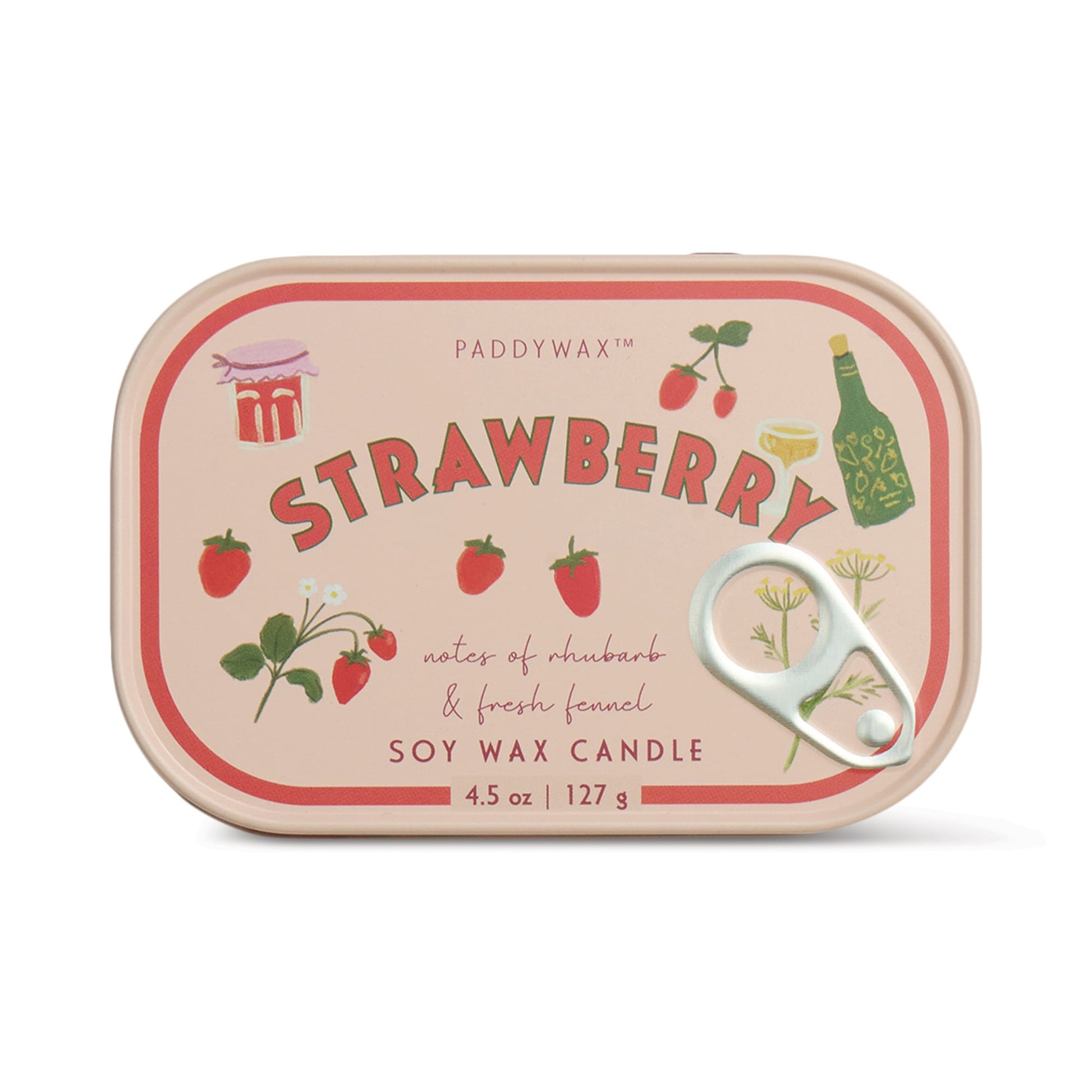 A pink Bistro Tin 4.5 oz Candle labeled "Strawberry," features strawberry, flower, and champagne illustrations; the front notes rhubarb and fresh fennel.