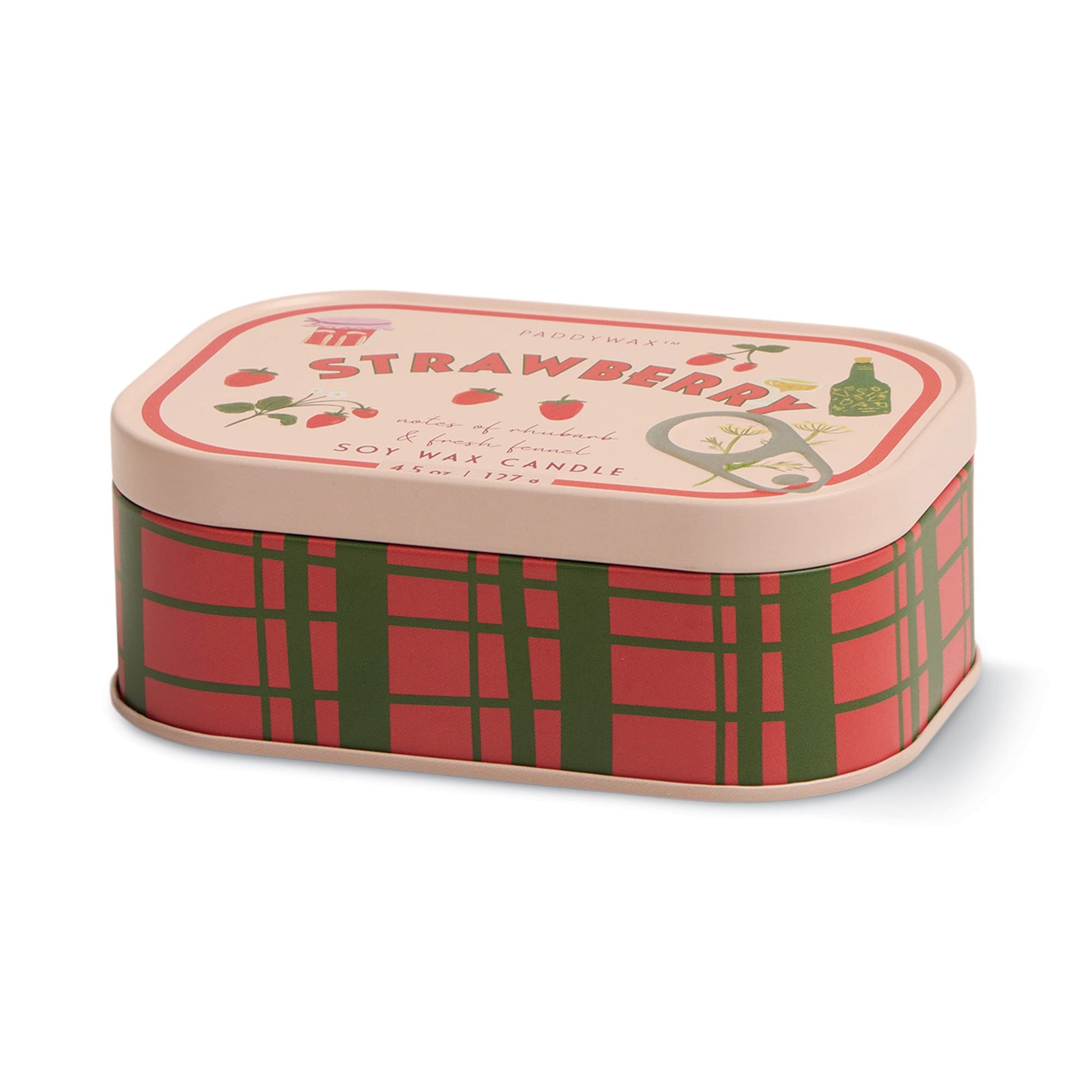 The Strawberry - Bistro Tin 4.5 oz Candle comes in a rectangular tin with a pink lid labeled "Strawberry," featuring strawberry and kitchen item illustrations, red and green plaid sides, and is filled with soy wax.