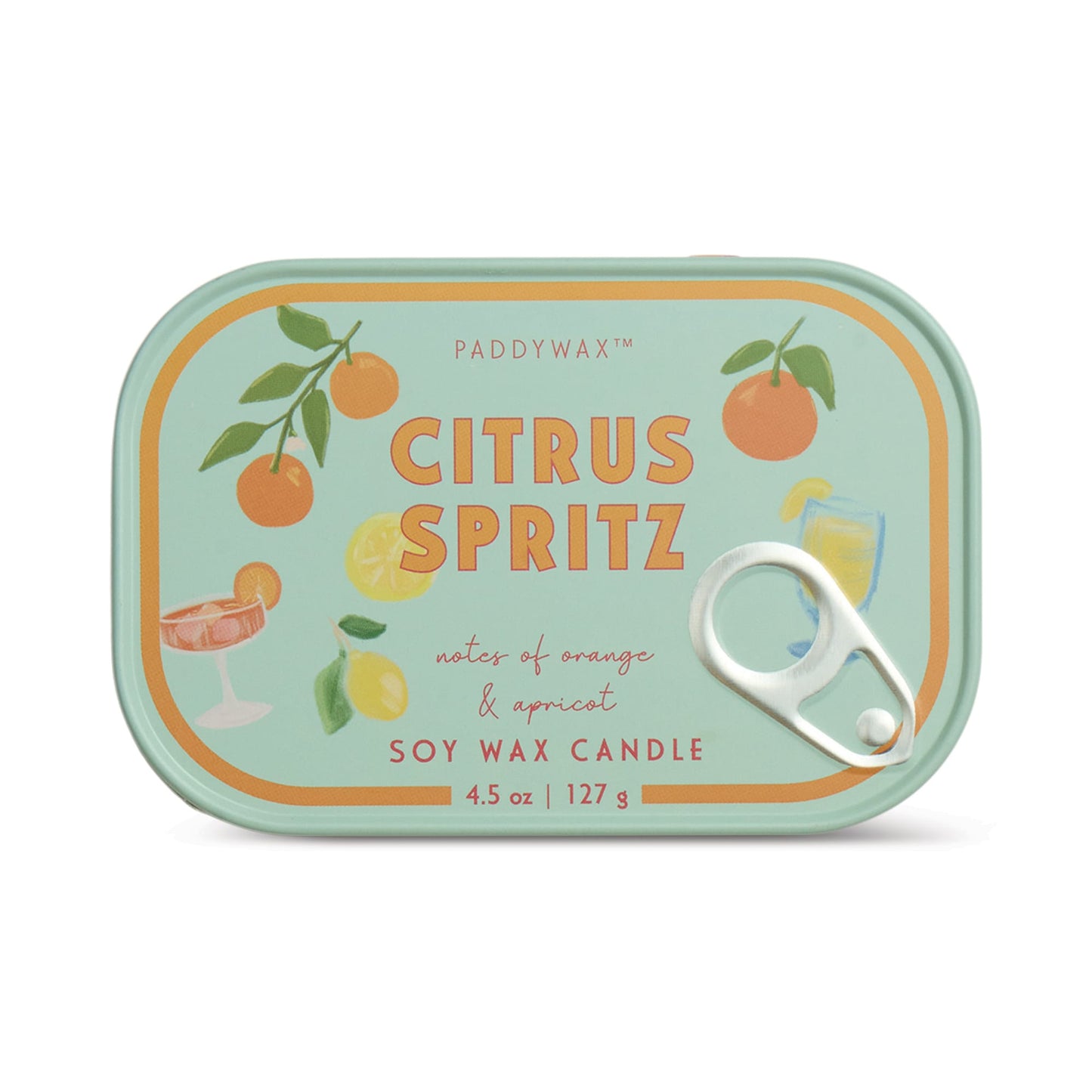 The Citrus Spritz - Bistro Tin 4.5 oz Candle features a rectangular tin with illustrations of oranges, a lemon, and citrus drinks on a mint-green background with orange and yellow accents.
