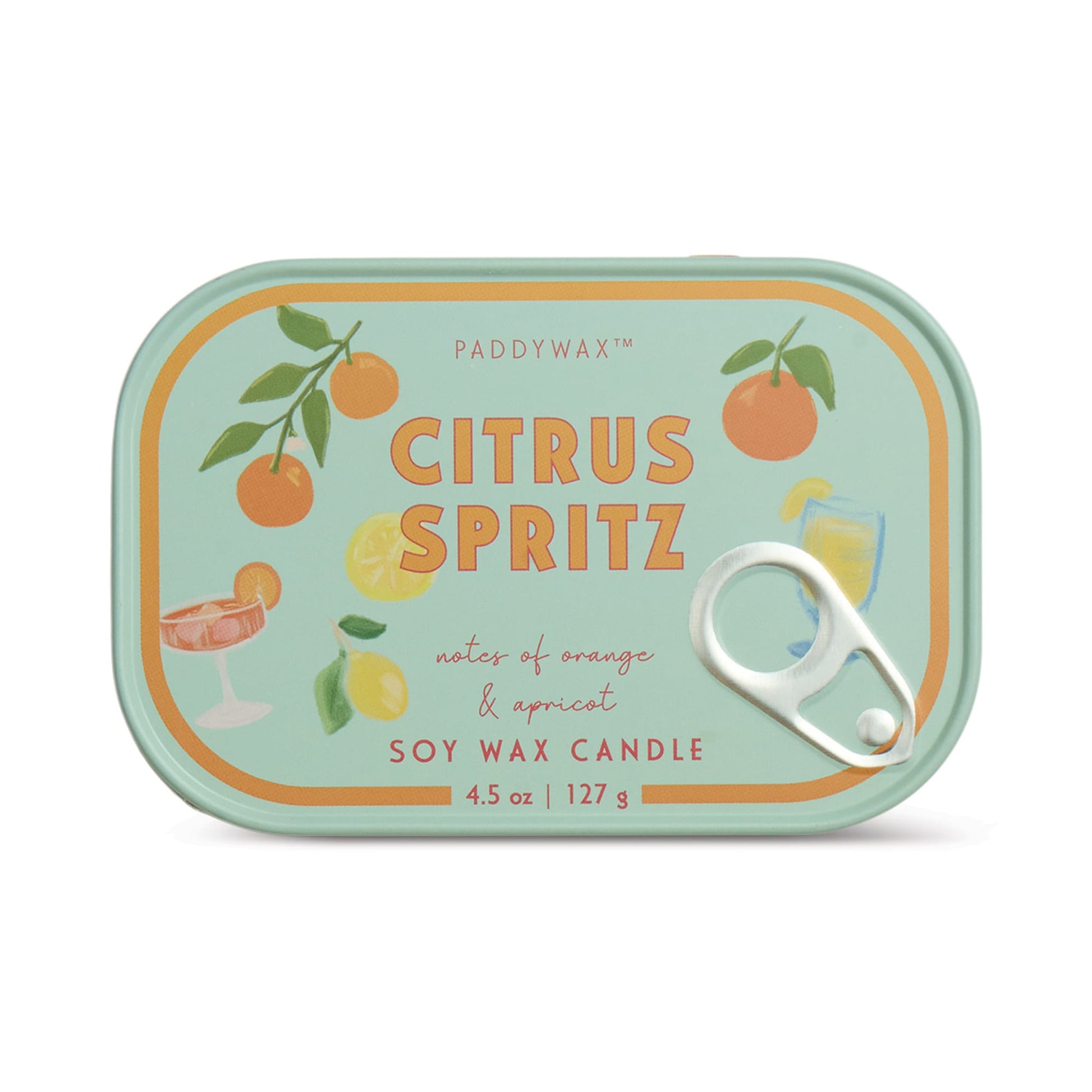 The Citrus Spritz - Bistro Tin 4.5 oz Candle features a rectangular tin with illustrations of oranges, a lemon, and citrus drinks on a mint-green background with orange and yellow accents.