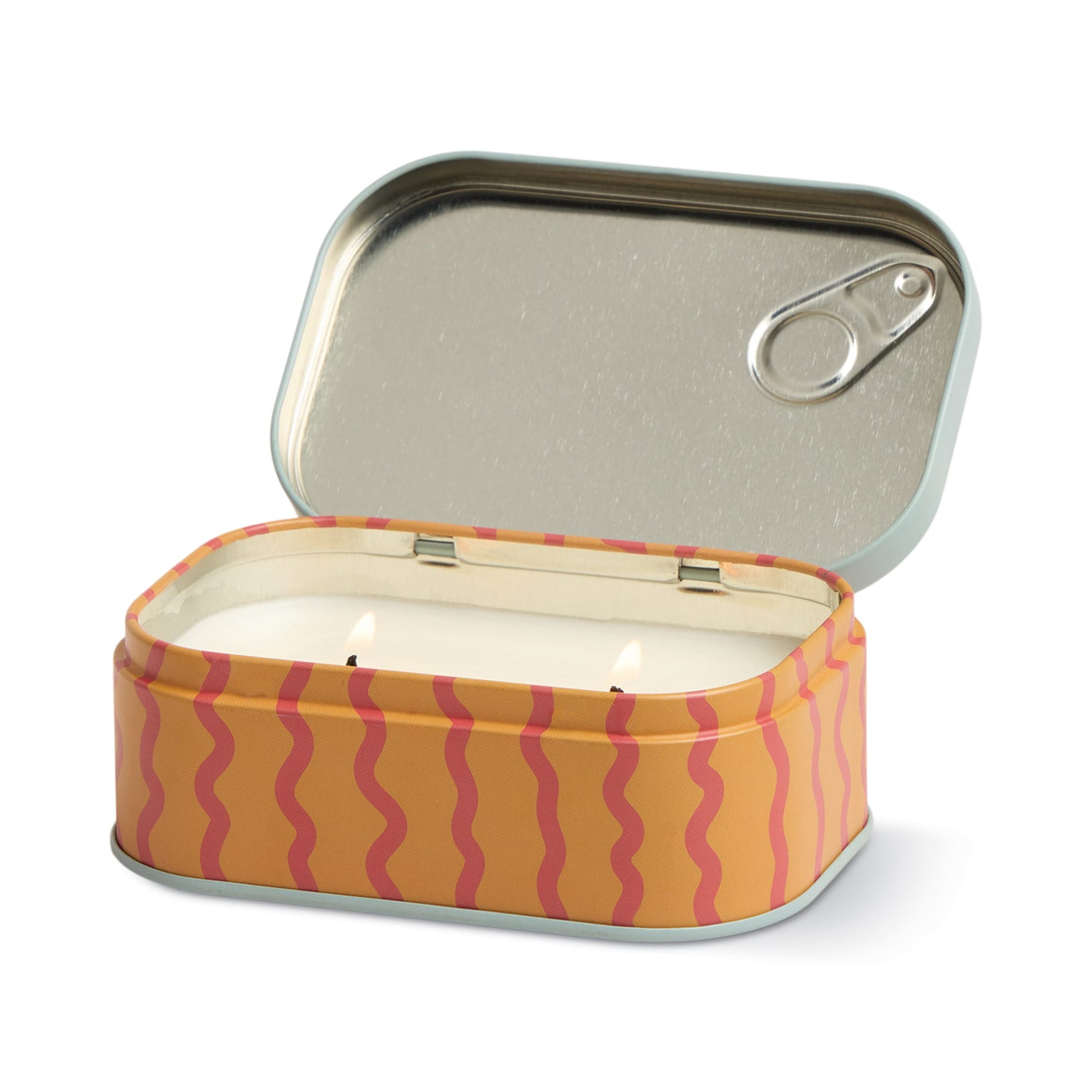The Citrus Spritz - Bistro Tin 4.5 oz Candle comes in a tin with a pull-tab lid featuring wavy pink lines on an orange background. The open lid reveals a white, double-wick, unlit candle inside.