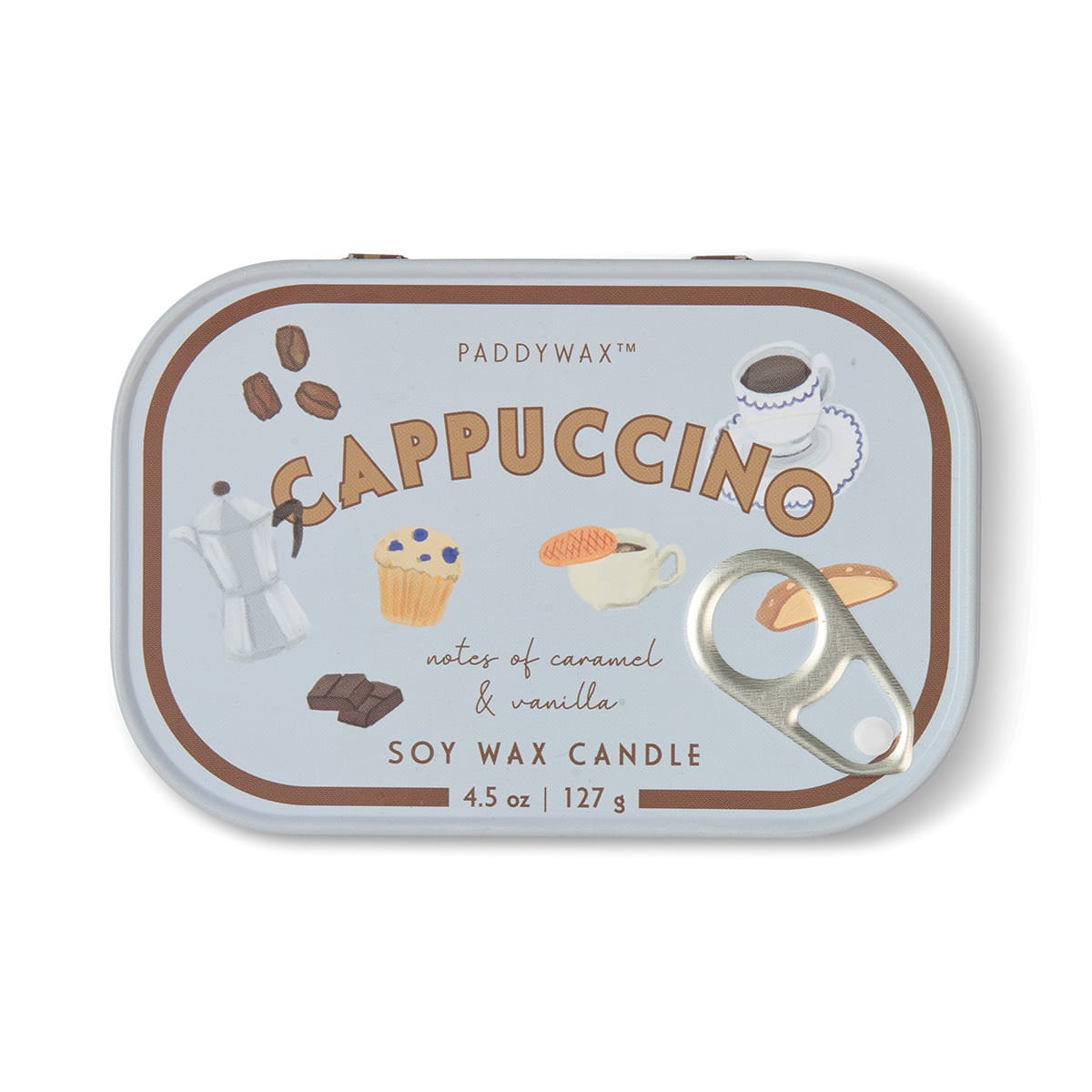 The Cappuccino - Bistro 4.5 oz Tin Candle from Paddywax features charming illustrations of coffee, a cupcake, chocolate, and a moka pot on its label. This soy wax candle offers an inviting coffee scent with notes of caramel and vanilla in a convenient 4.5 oz tin.
