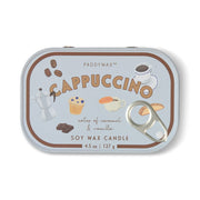 The Cappuccino - Bistro 4.5 oz Tin Candle from Paddywax features charming illustrations of coffee, a cupcake, chocolate, and a moka pot on its label. This soy wax candle offers an inviting coffee scent with notes of caramel and vanilla in a convenient 4.5 oz tin.