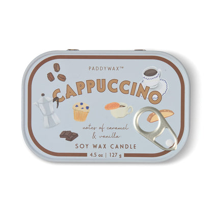 The Cappuccino - Bistro 4.5 oz Tin Candle from Paddywax features charming illustrations of coffee, a cupcake, chocolate, and a moka pot on its label. This soy wax candle offers an inviting coffee scent with notes of caramel and vanilla in a convenient 4.5 oz tin.