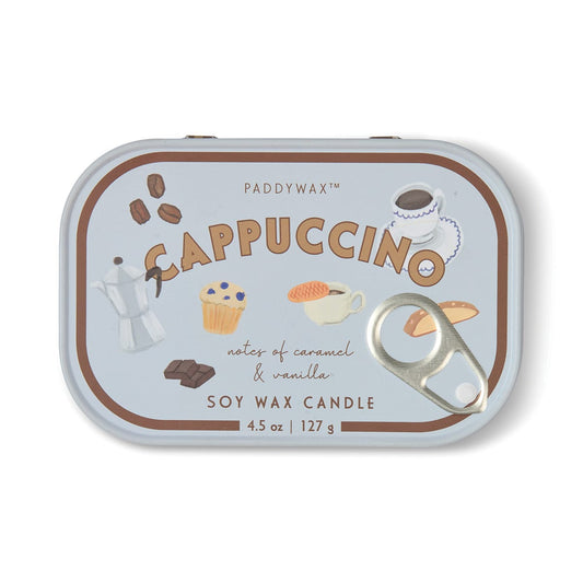 The Cappuccino - Bistro 4.5 oz Tin Candle from Paddywax features charming illustrations of coffee, a cupcake, chocolate, and a moka pot on its label. This soy wax candle offers an inviting coffee scent with notes of caramel and vanilla in a convenient 4.5 oz tin.