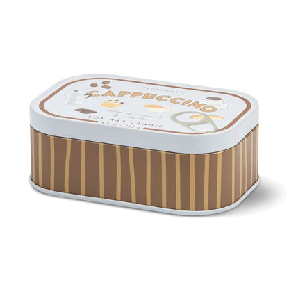 The Cappuccino - Bistro 4.5 oz Tin Candle comes in a rectangular tin with a striped brown design and a white lid labeled “Cappuccino Soy Wax Candle,” adorned with illustrations of a coffee cup, coffee beans, and a milk jug. This charming candle fills your space with the warm, inviting aroma of rich cappuccino.
