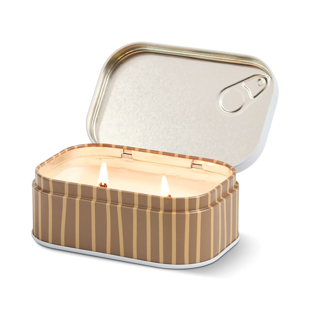 A lit Cappuccino - Bistro 4.5 oz Tin Candle in a brown striped tin that resembles a sardine can with the lid partially open fills the room with the inviting aroma of cappuccino.