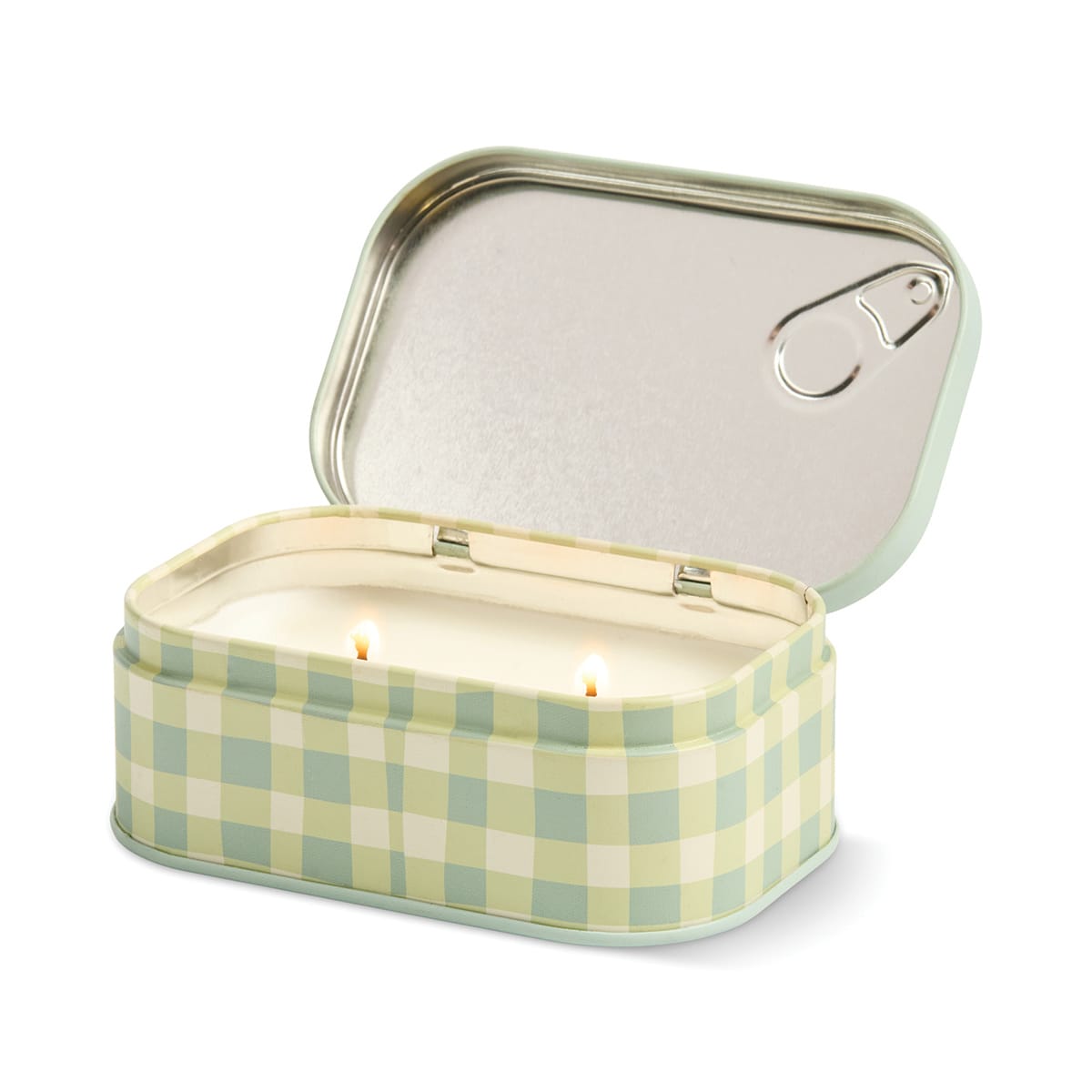 The Macaron - Bistro 4.5 oz Tin Candle features a rectangular tin with a green and cream checkered pattern, its attached lid flipped open like a charming sardine can to reveal two lit wicks inside. Inspired by classic French cafés, this candle captures the sweet essence of Paris with its delightful Macaron fragrance.