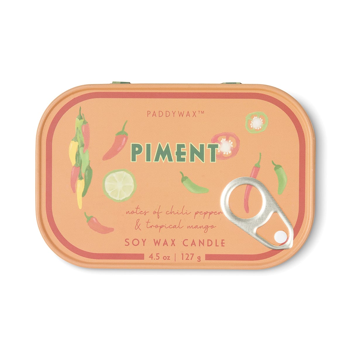 The Piment - Bistro 4.5 oz Tin Candle features a vibrant orange tin adorned with whimsical illustrations of chili peppers and mango slices. The playful label showcases notes of chili pepper and tropical mango, beautifully capturing the signature Piment fragrance in this fruit-and-spice-inspired soy wax candle. Weighing 4.5 oz / 127 g, it comes complete with a convenient pull-tab lid for easy use.