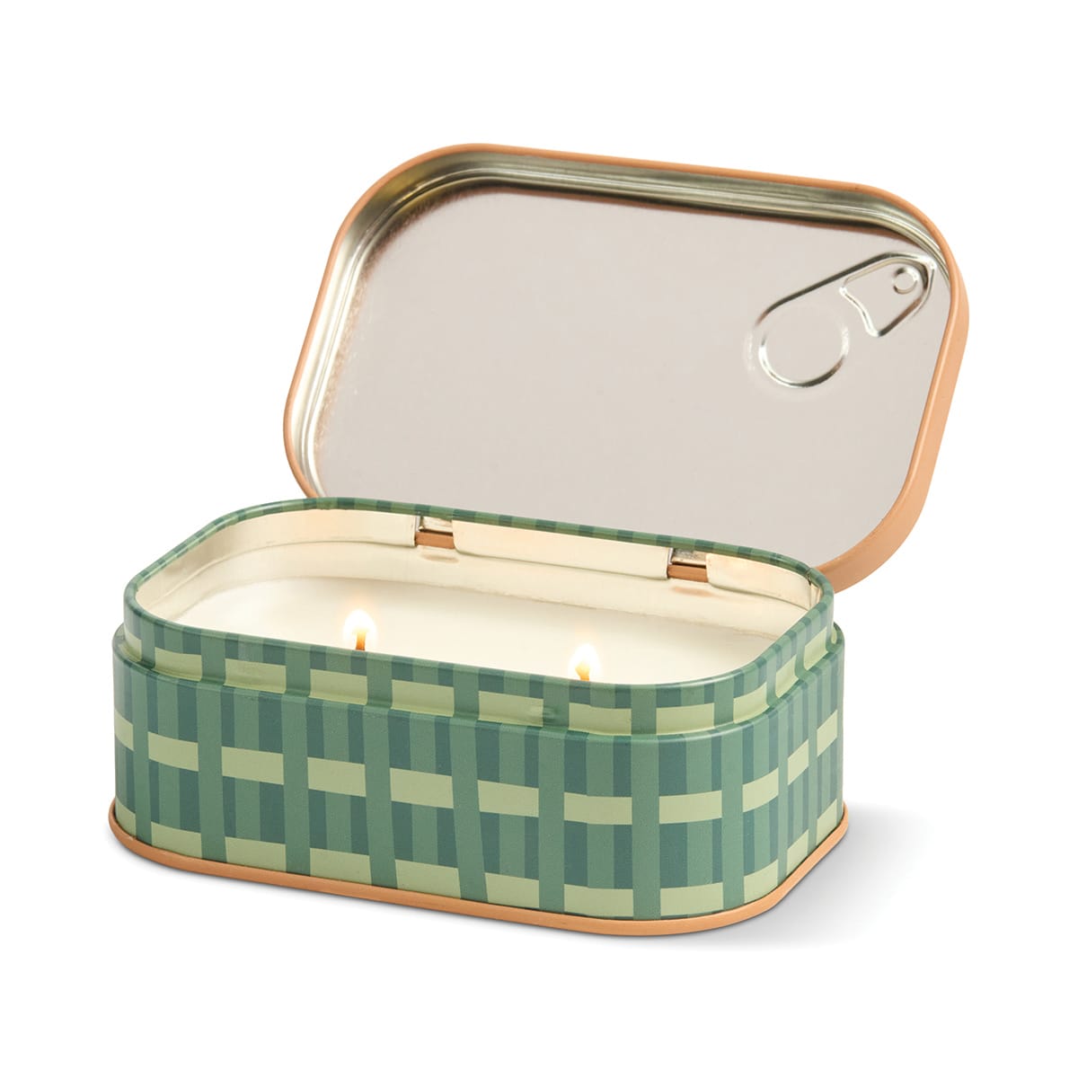 A green and beige plaid Piment - Bistro 4.5 oz Tin Candle, designed in the shape of a sardine can with a partially opened lid, reveals white wax inside with two lit wicks and fills the air with its signature Piment fragrance.