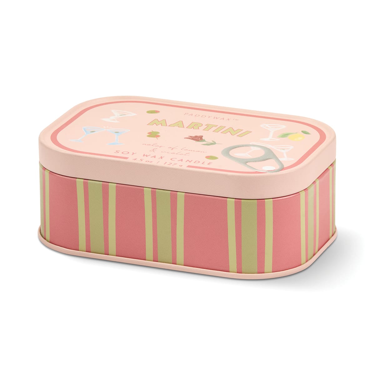 A pink and green striped rectangular tin with rounded edges, labeled “Martini” and featuring martini glass illustrations on the lid, holds the Martini - Bistro 4.5 oz Tin Candle made with soy wax.