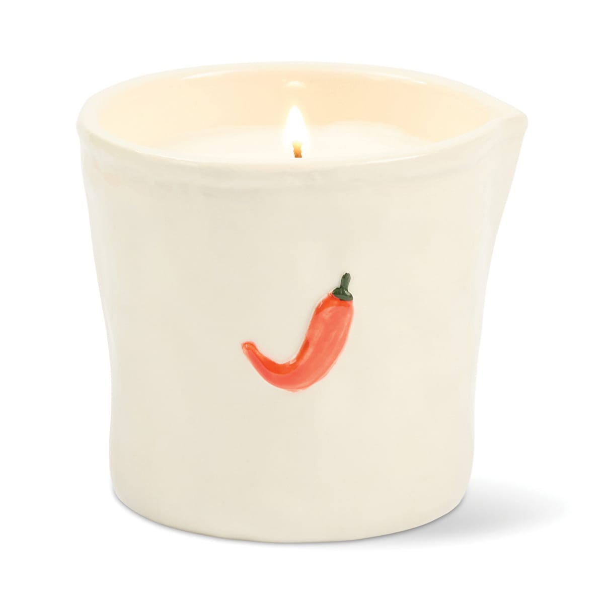 A glowing white Piment - Bistro 8 oz Candle sits in a ceramic holder, adorned with a charming small red chili pepper illustration on the front.