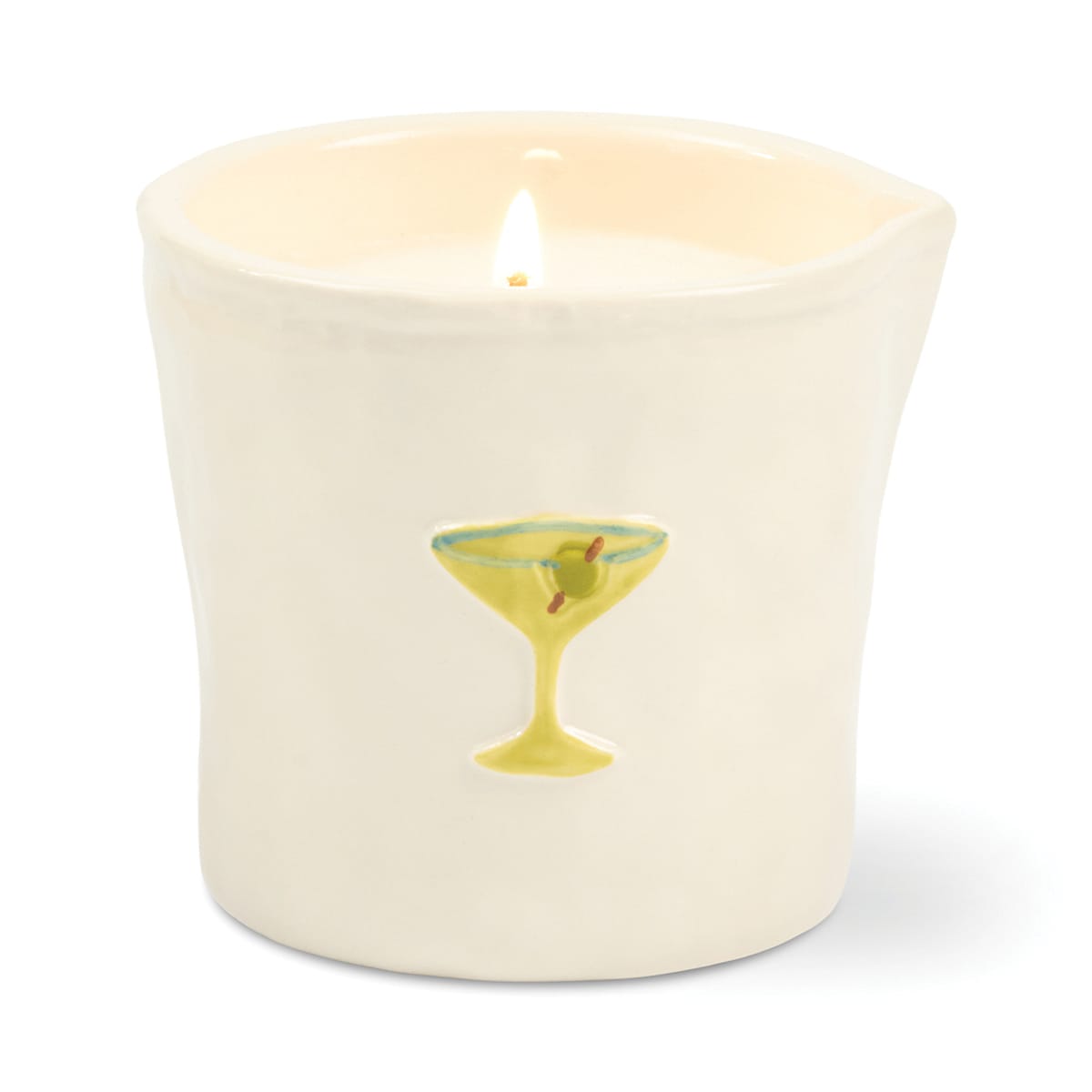 A lit Martini - Bistro 8 oz Candle in a white ceramic holder, hand-painted with a yellow cocktail glass featuring two olives on the front.