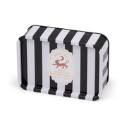 The Black Cedar & Fig - A Dopo 6.5 oz Tin Candle features bold black and white stripes and a round center label—this Mediterranean-inspired soy wax candle is perfect for travel or any adventure.