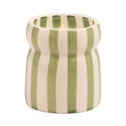 The Bora Bora - Cabana 6.5 oz Candle comes in a rounded white ceramic holder with vertical green stripes, filling your space with refreshing coastal scents.