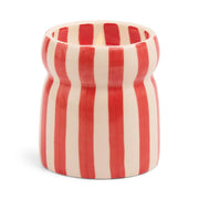 The Hibiscus Bay - Cabana 6.5 oz Candle comes in a ceramic vessel with vertical red and white stripes and a slightly indented middle—perfect for displaying hand painted candles.