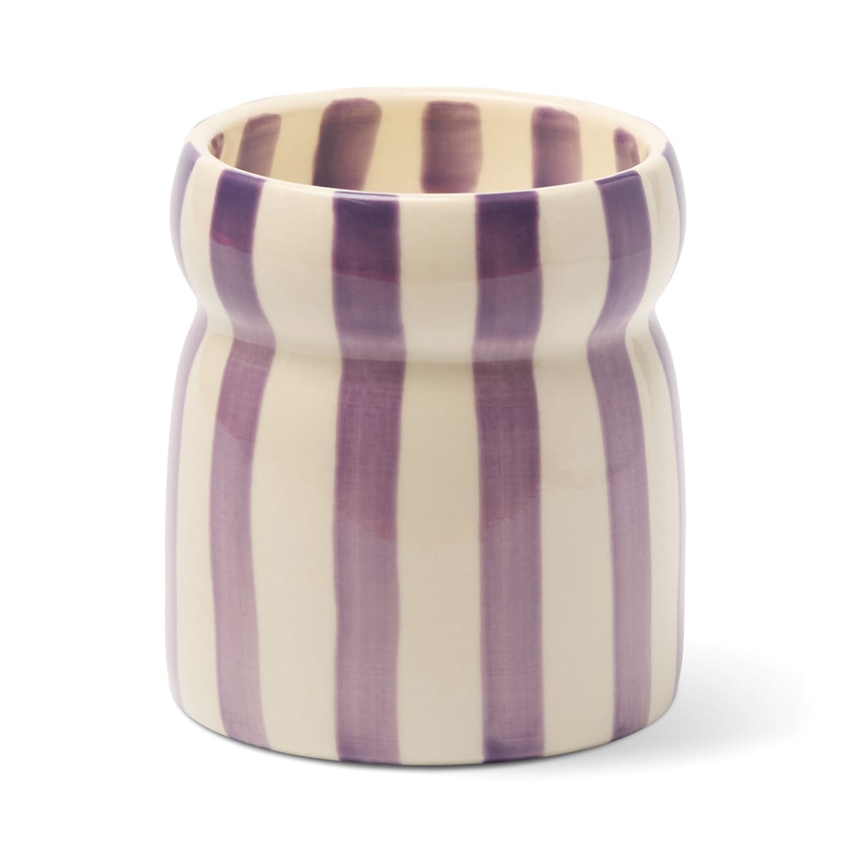 A 6.5 oz Waikiki Waters - Cabana candle, housed in an elegant ceramic vessel with a rounded rim and a smooth, glossy finish, featuring vertical purple and white stripes—evoking the refreshing ambiance of Waikiki Waters.