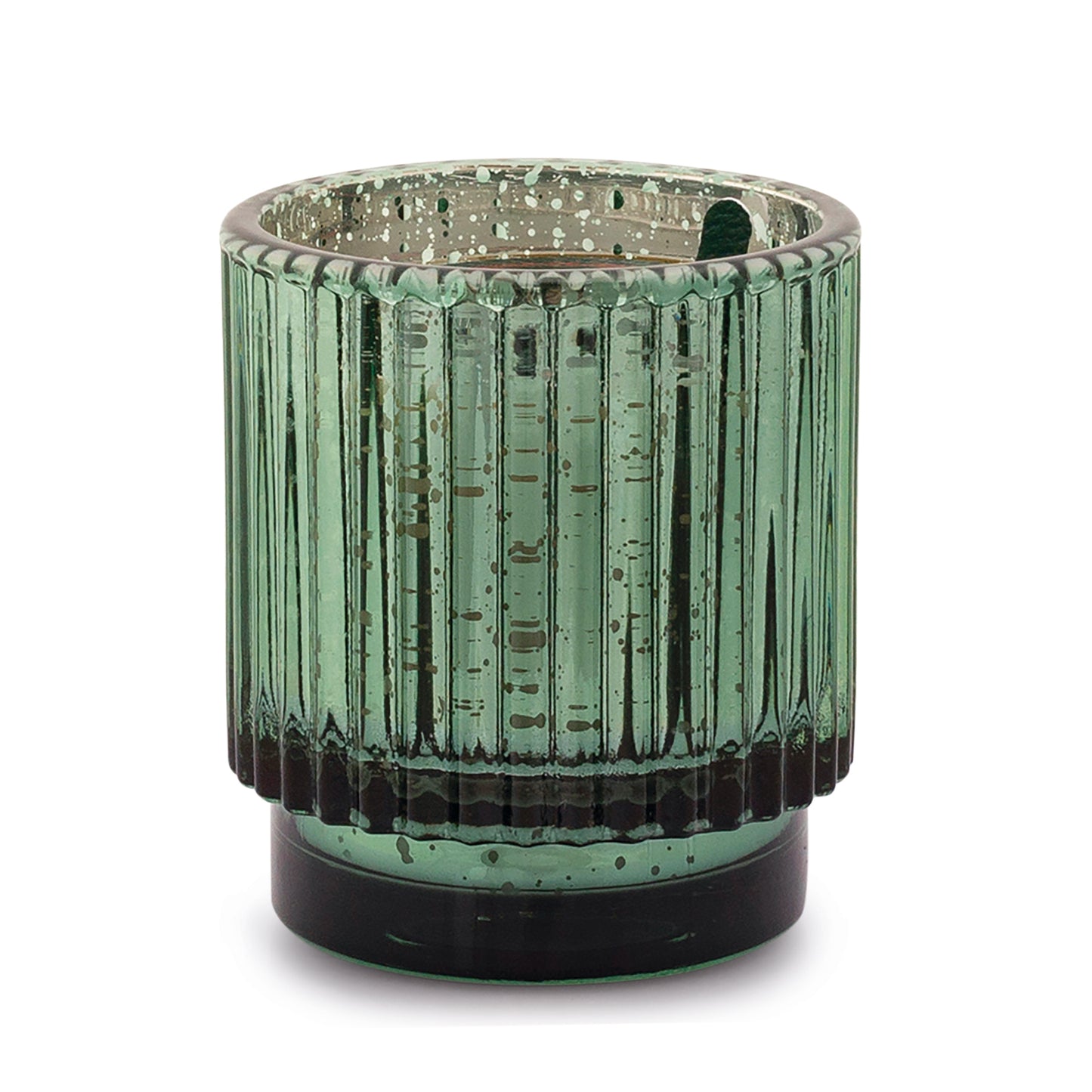 A Cypress + Fir - 4.5 oz Candle with a green ribbed glass exterior, featuring a reflective, slightly speckled surface, a cylindrical shape, and a thick base, photographed against a white background.