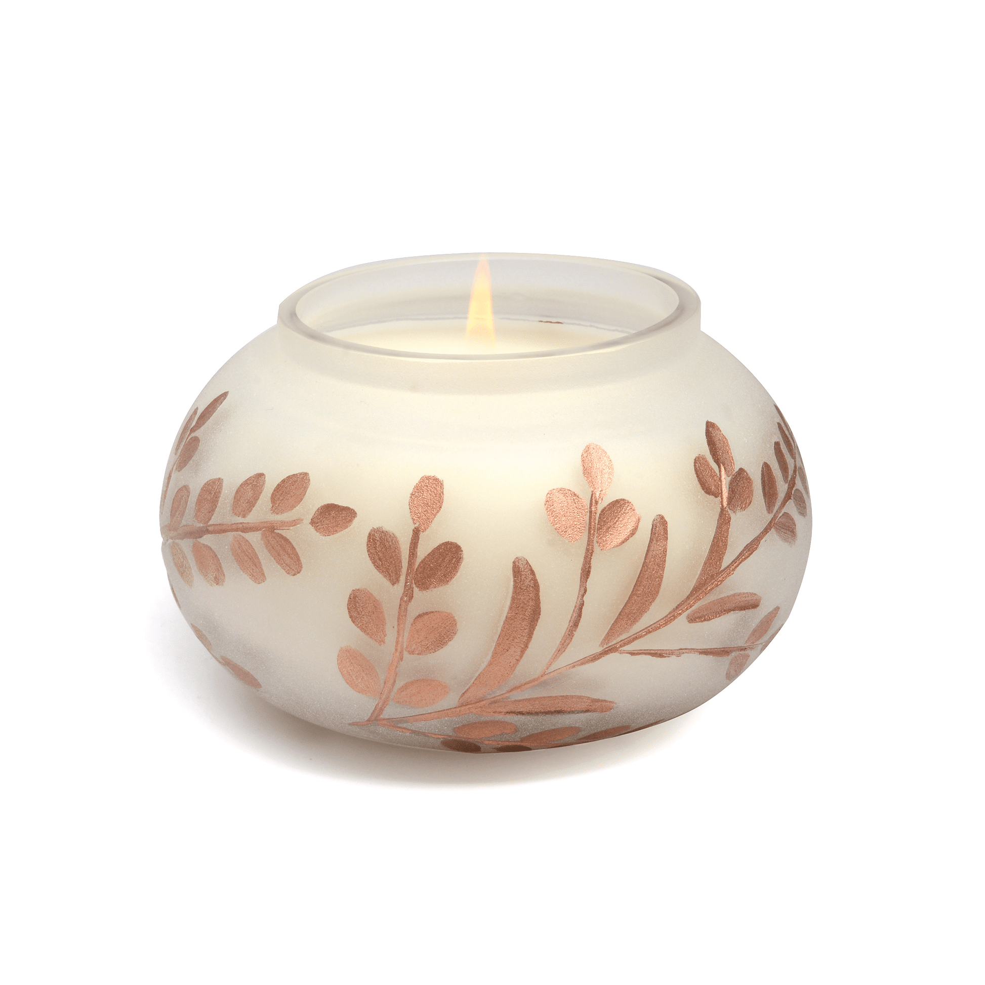 Cypress & Fir - 9oz Frosted White Glass with Copper Metallic Branch Etching candle on a white background. 